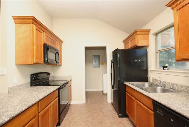 kitchen with black appliances, vaulted ceiling, sink, and electric panel