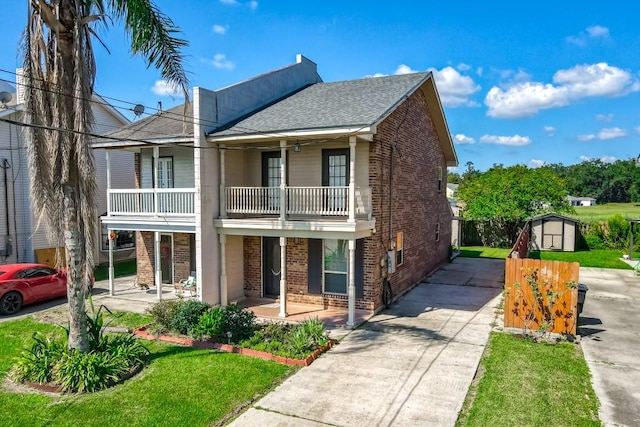 view of front of home with a balcony and a shed