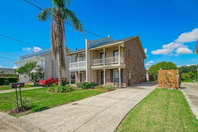 view of front of house with a front yard and a balcony