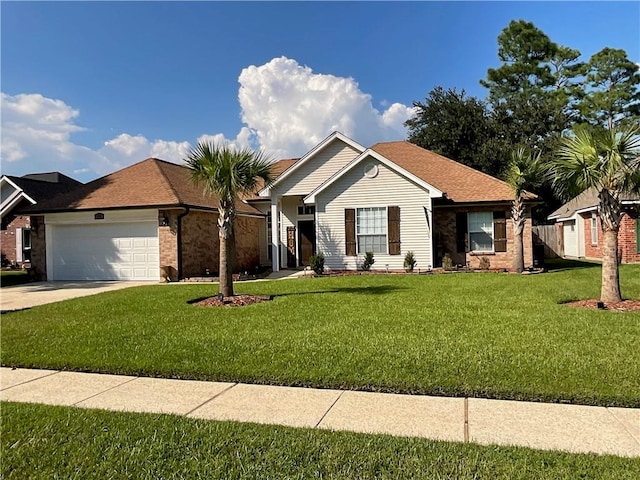 single story home with a garage and a front lawn