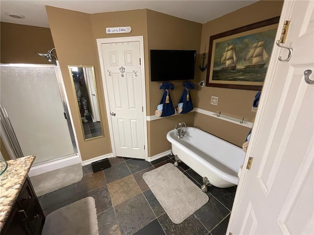 bathroom with independent shower and bath and vanity