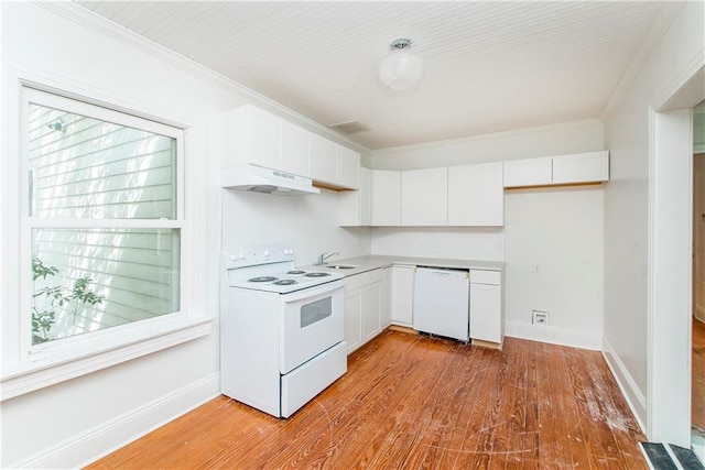 kitchen featuring light hardwood / wood-style floors, white cabinets, white appliances, range hood, and ornamental molding