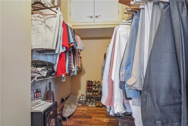 spacious closet featuring dark hardwood / wood-style flooring