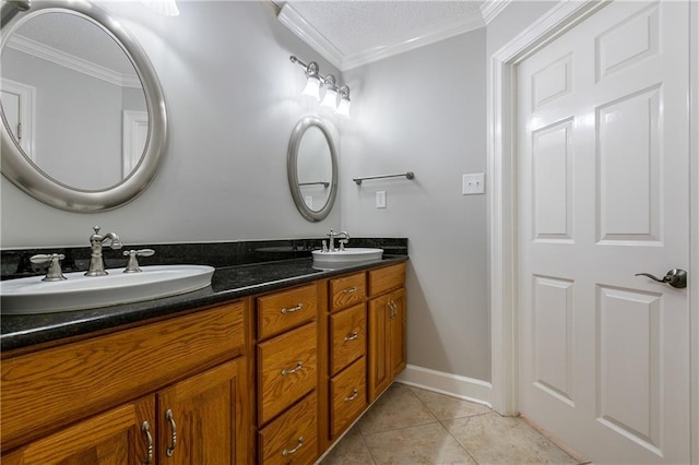 bathroom with tile patterned flooring, vanity, and ornamental molding