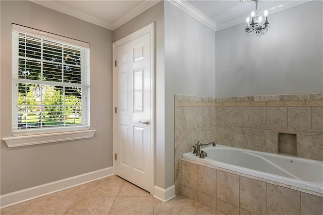 bathroom featuring tile patterned flooring, tiled bath, crown molding, and a notable chandelier