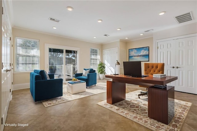 office area featuring light tile patterned floors and crown molding