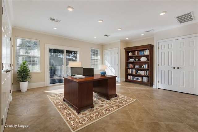 tiled office featuring ornamental molding