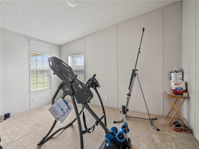 exercise room with carpet floors and a textured ceiling