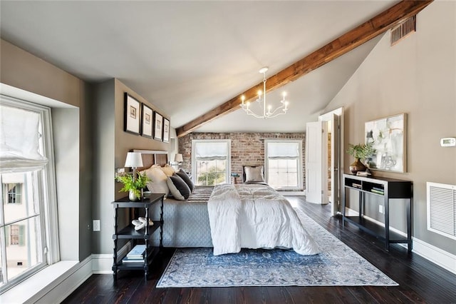 bedroom featuring vaulted ceiling with beams, dark hardwood / wood-style floors, and a notable chandelier