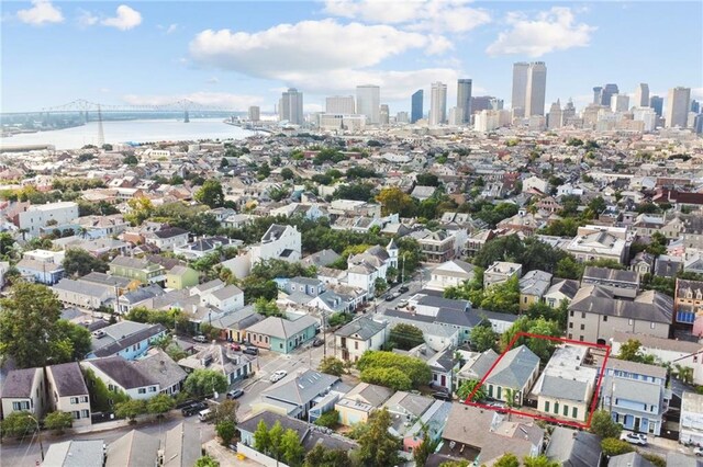 drone / aerial view featuring a water view