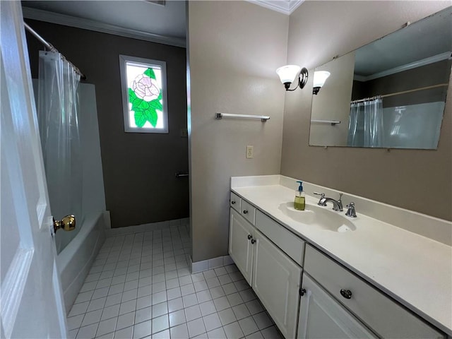 bathroom featuring shower / tub combo with curtain, tile patterned floors, vanity, and crown molding