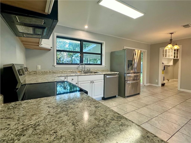 kitchen featuring extractor fan, white cabinetry, sink, stainless steel appliances, and light stone countertops