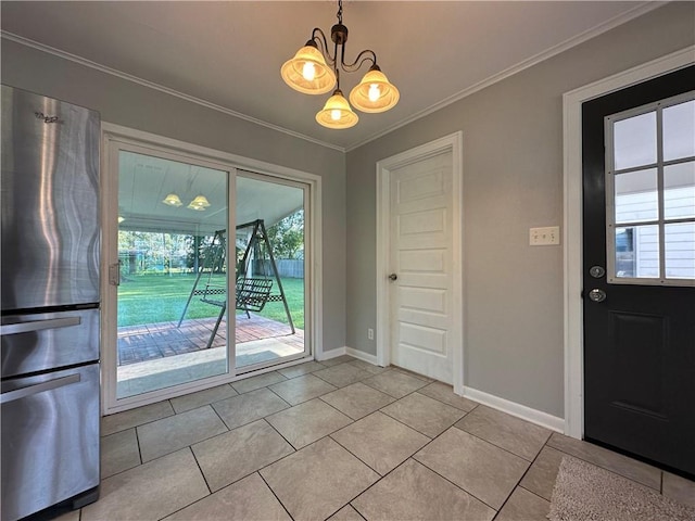 doorway to outside with a notable chandelier, crown molding, and light tile patterned floors