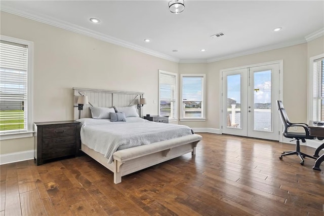 bedroom featuring access to outside, french doors, crown molding, and dark hardwood / wood-style flooring