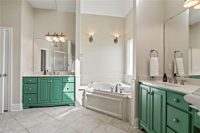 bathroom with vanity and plus walk in shower