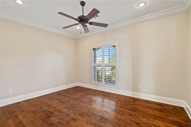 unfurnished room with crown molding, ceiling fan, and dark hardwood / wood-style flooring