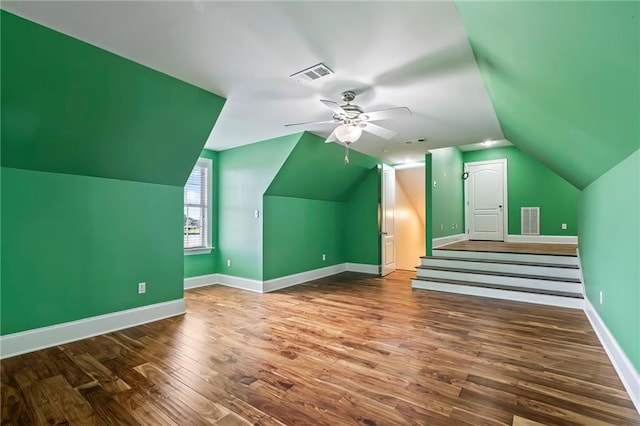 bonus room featuring ceiling fan, lofted ceiling, and hardwood / wood-style floors