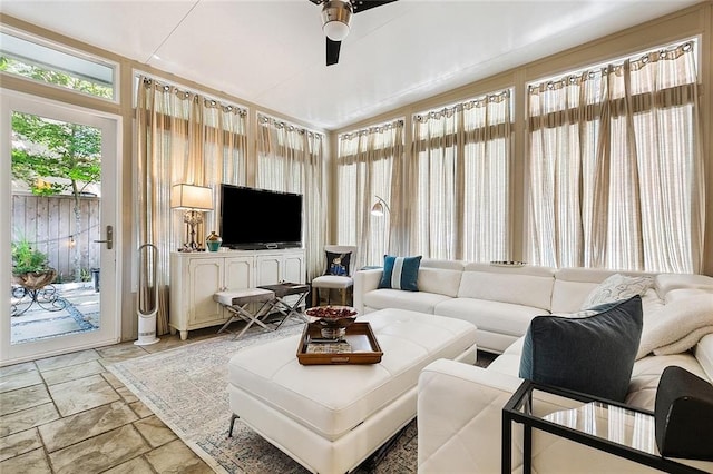 living room featuring ceiling fan