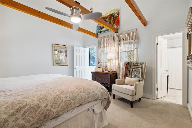 bedroom featuring light carpet, beam ceiling, and ceiling fan