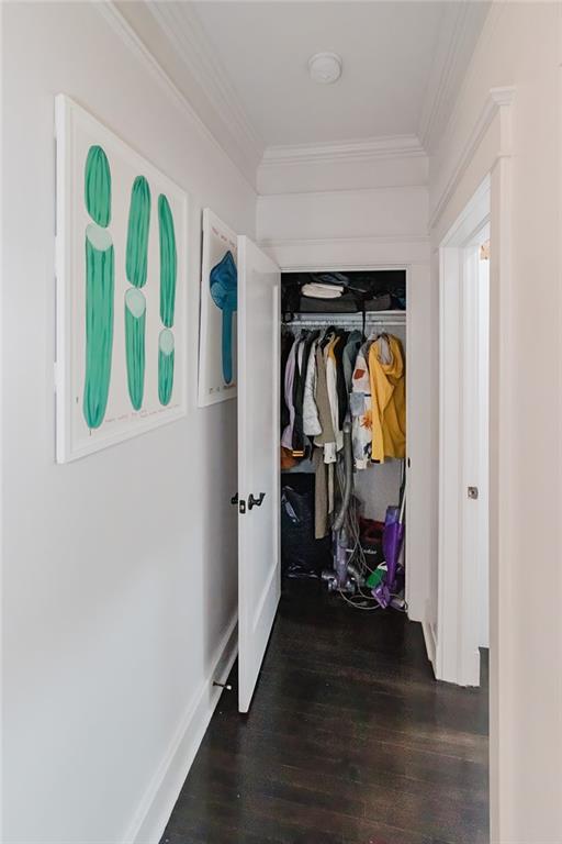 4670 Marigny St, New Orleans, LA 70122 - corridor with dark wood-style flooring and ornamental molding