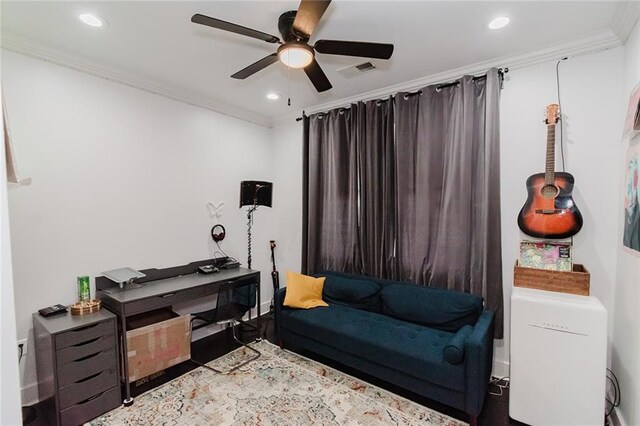 4670 Marigny St, New Orleans, LA 70122 - office space with recessed lighting, ceiling fan, crown molding, and wood finished floors
