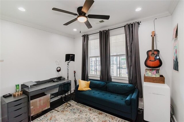 4670 Marigny St, New Orleans, LA 70122 - office area with ornamental molding, recessed lighting, a ceiling fan, baseboards, and wood finished floors