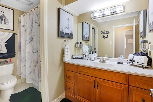 bathroom with walk in shower, vanity, toilet, and tile patterned floors