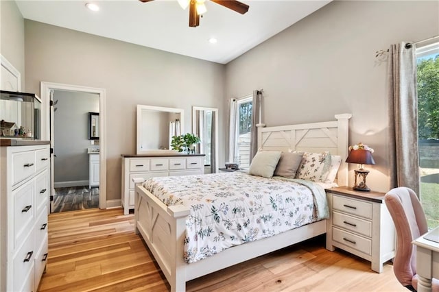 bedroom featuring light wood-type flooring and ceiling fan