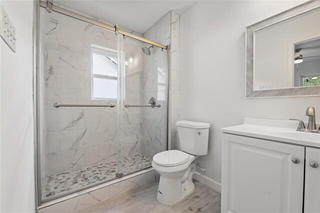 bathroom featuring toilet, walk in shower, vanity, and wood-type flooring