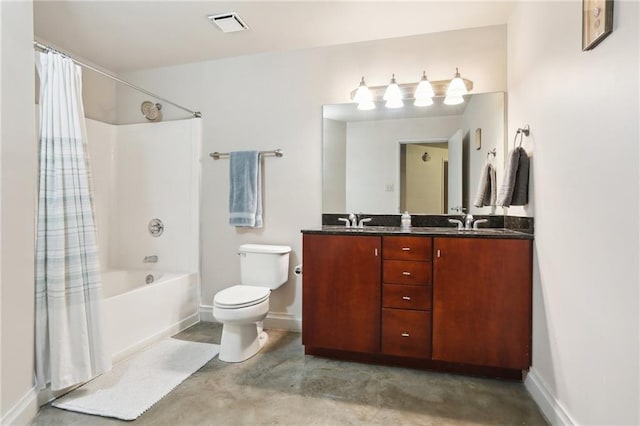 full bathroom with shower / tub combo with curtain, vanity, concrete flooring, and toilet