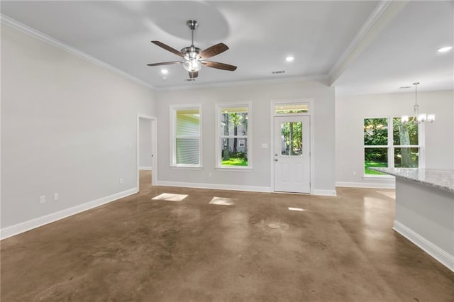 interior space with ceiling fan with notable chandelier, crown molding, and a healthy amount of sunlight