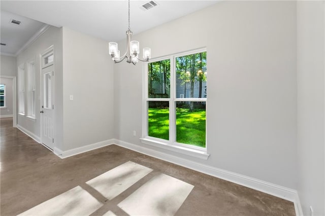 unfurnished dining area with a notable chandelier, plenty of natural light, and crown molding