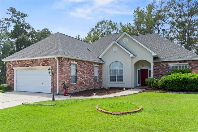 ranch-style house with a front lawn and a garage