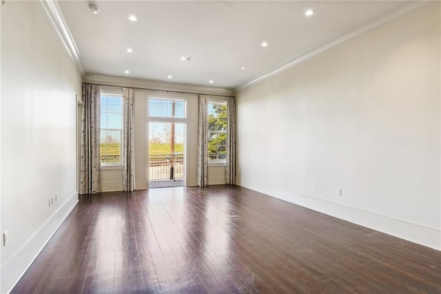 empty room with ornamental molding and dark hardwood / wood-style floors