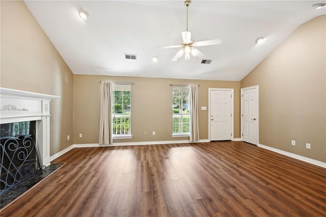 unfurnished living room featuring high vaulted ceiling, a premium fireplace, ceiling fan, and dark hardwood / wood-style flooring