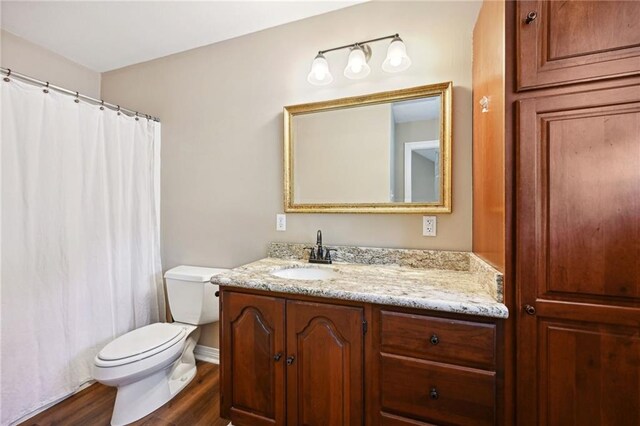 bathroom featuring wood-type flooring, vanity, toilet, and a shower with shower curtain