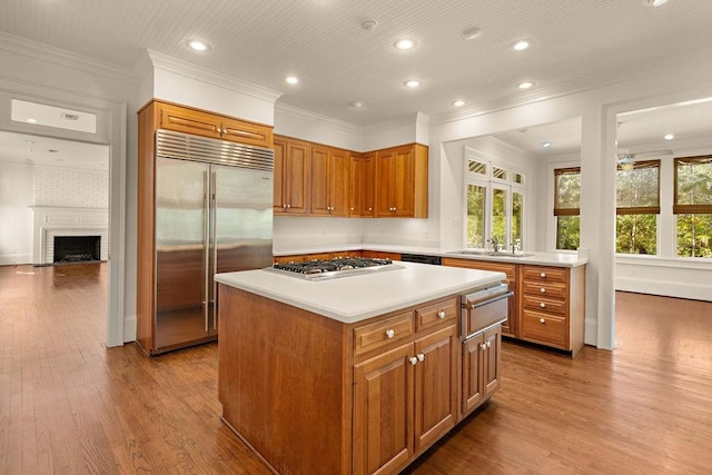 kitchen with appliances with stainless steel finishes, sink, a fireplace, a kitchen island, and light hardwood / wood-style flooring