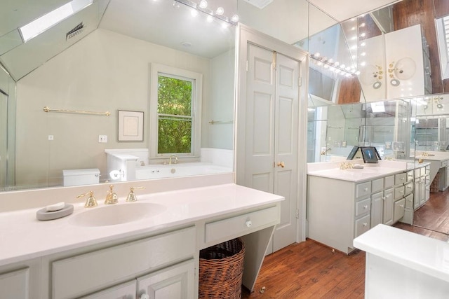 bathroom with vanity, wood-type flooring, and toilet