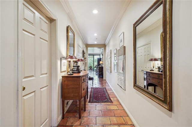 corridor featuring ornamental molding