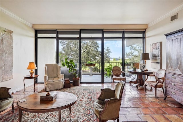 interior space featuring floor to ceiling windows and crown molding