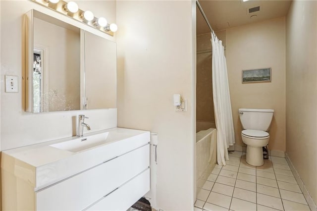 full bathroom with shower / tub combo, vanity, toilet, and tile patterned floors