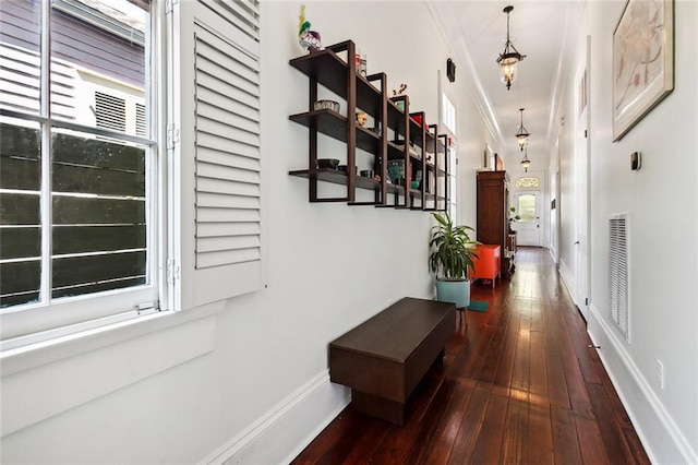 hall with dark hardwood / wood-style floors and ornamental molding