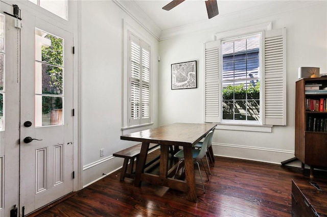 dining room with a healthy amount of sunlight, crown molding, and dark hardwood / wood-style floors