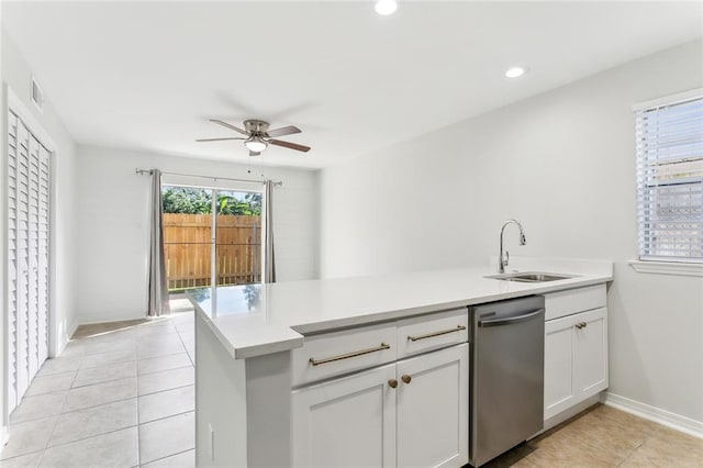 kitchen featuring kitchen peninsula, sink, white cabinetry, and stainless steel dishwasher