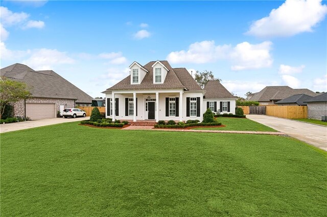 cape cod home featuring a garage, a front lawn, and a porch