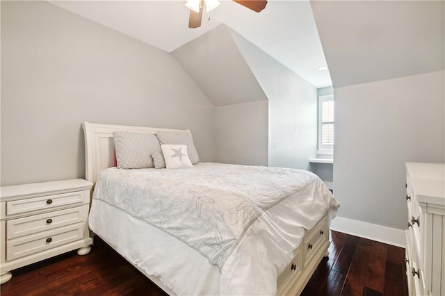 bedroom featuring wood-type flooring, lofted ceiling, and ceiling fan