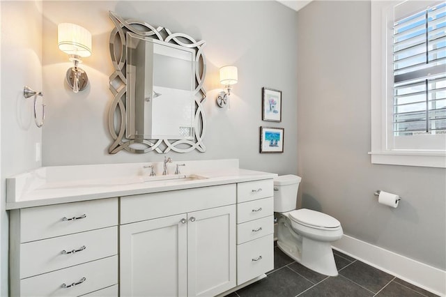 bathroom with tile patterned flooring, vanity, and toilet