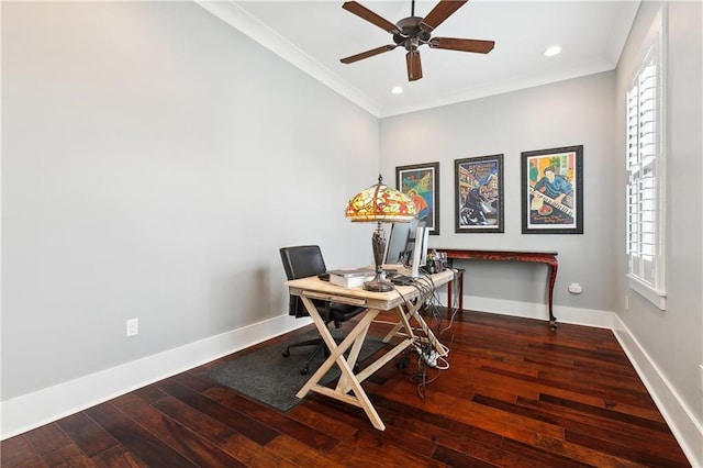 home office with crown molding, ceiling fan, and hardwood / wood-style flooring