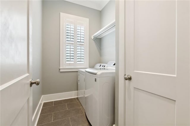 laundry area with separate washer and dryer and dark tile patterned flooring