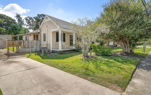 view of front of home featuring a front lawn and covered porch